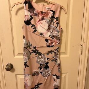 Calvin Klein Starburst Blush Pink Floral Ruching Cocktail Modest Sheath Dress